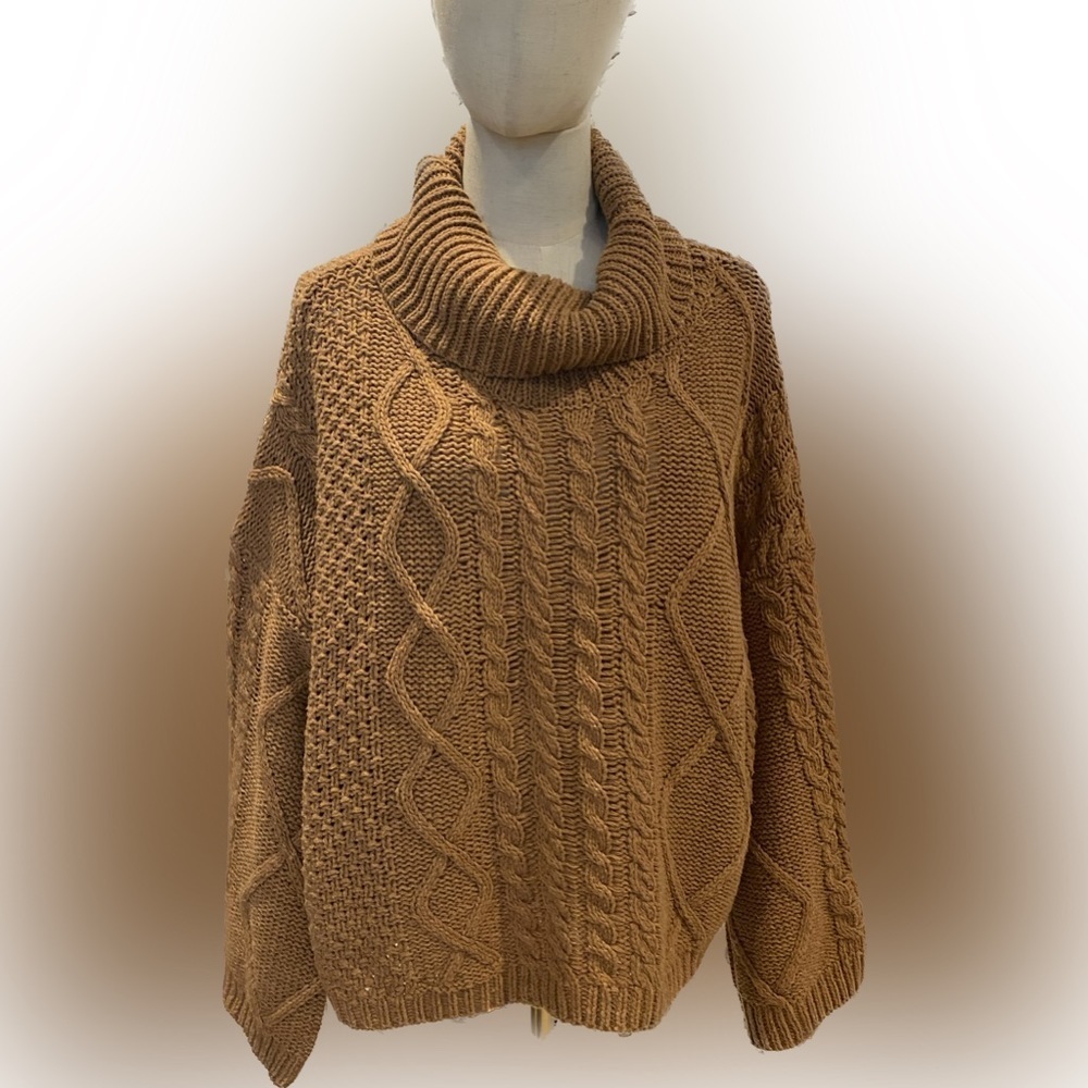 Brown oversized cable knit cowl neck sweater